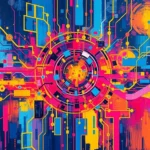 A bold acrylic painting of technological elements in electric, vivid colors with textured brushstrokes and vibrant hues