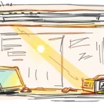 A color sketchnote style hand-drawn sketch depicting a warm, golden hour light illuminating a technological scene, with soft light just after sunrise or before sunset