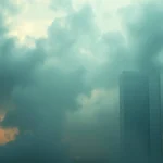 A hazy, soft light illuminates a stormy technological sky, creating a soft, dreamy atmosphere with intense dramatic weather and high tension