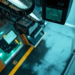 A high-angle perspective view of a wet, rainy technological scene with drizzling rain, reflective surfaces, and an elevated viewpoint, looking down