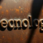 A photograph of an antique bronze surface with a patina finish illuminated by strong hard light casting harsh shadows, clearly displaying the word ‘tecnologia’