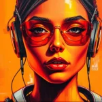 Bold acrylic painting warm technological subject rendered in vibrant reds, oranges, and yellows, showcasing graceful and elegant refined features with textured brushstrokes