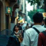 Candid street photography of Tecnologia within a mystic urban scene, gentle color contrasts, spontaneous moments, dreamlike ethereal atmosphere