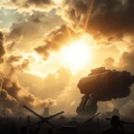 Epic, dramatic scene of Tecnologia, massive scale, heroic elements, stormy skies, intense lens flare lighting, high tension atmosphere