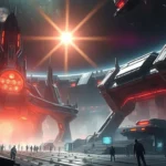 Epic, grand-scale scene of futuristic Tecnologia with dramatic lens flare lighting, showcasing heroic elements and a modern aesthetic