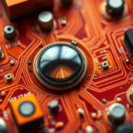 Extreme macro photograph of warm autumn-colored technology, showcasing intricate details in earthy and cozy tones