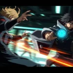 Isekai anime-style image depicting tecnologia with dynamic motion, blurred lines, action poses, strong chiaroscuro lighting, deep shadows, and expressive composition