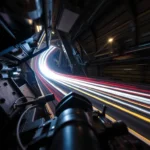 Long exposure photography high-angle perspective looking down on a technological subject, capturing motion or light trails from an elevated viewpoint