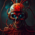 Warm terracotta and cool teal tones create an eerie, creepy atmosphere surrounding a technological subject, using dark tones and unsettling details to emphasize earthy and cool contrast