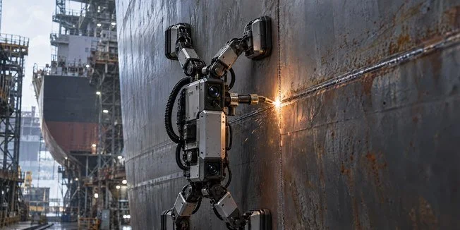 Robô da Kawasaki usa inteligência artificial para soldar e se fixar em cascos de navios