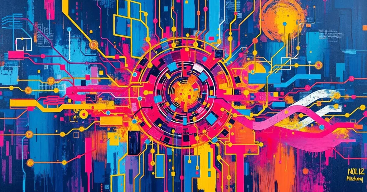 A bold acrylic painting of technological elements in electric, vivid colors with textured brushstrokes and vibrant hues