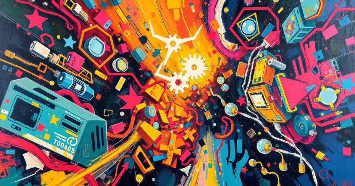 A classic oil painting in bright, vibrant colors, depicting lively and energetic technological elements with rich textures and visible brushstrokes