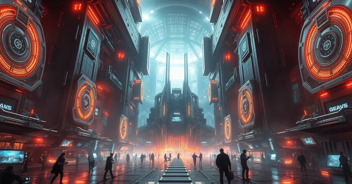 A grand epic scene depicting tecnologia in a massive scale, showcasing heroic elements and epic lens glow lighting, emphasizing futuristic elements and a modern feel