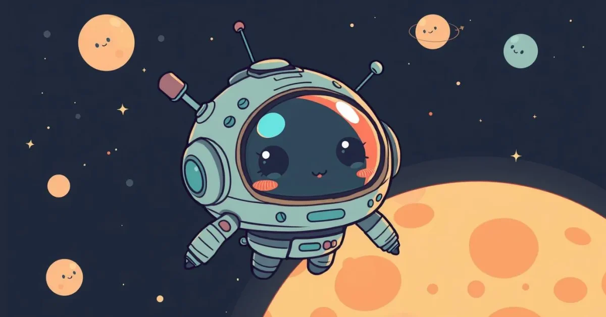 An adorable and cute futuristic sci-fi illustration of tecnologia, featuring advanced technology, space elements, and charming features