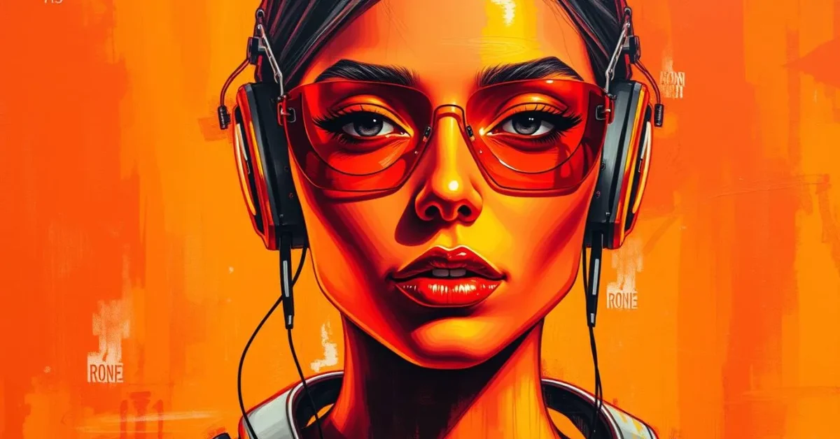 Bold acrylic painting warm technological subject rendered in vibrant reds, oranges, and yellows, showcasing graceful and elegant refined features with textured brushstrokes