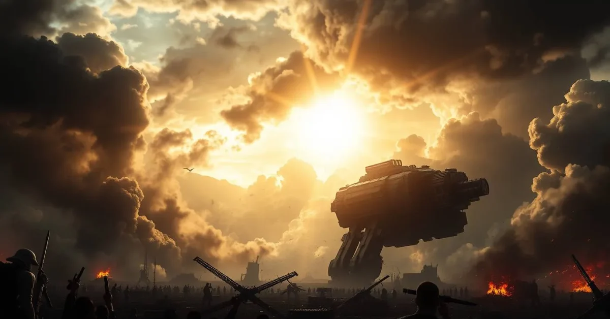 Epic, dramatic scene of Tecnologia, massive scale, heroic elements, stormy skies, intense lens flare lighting, high tension atmosphere