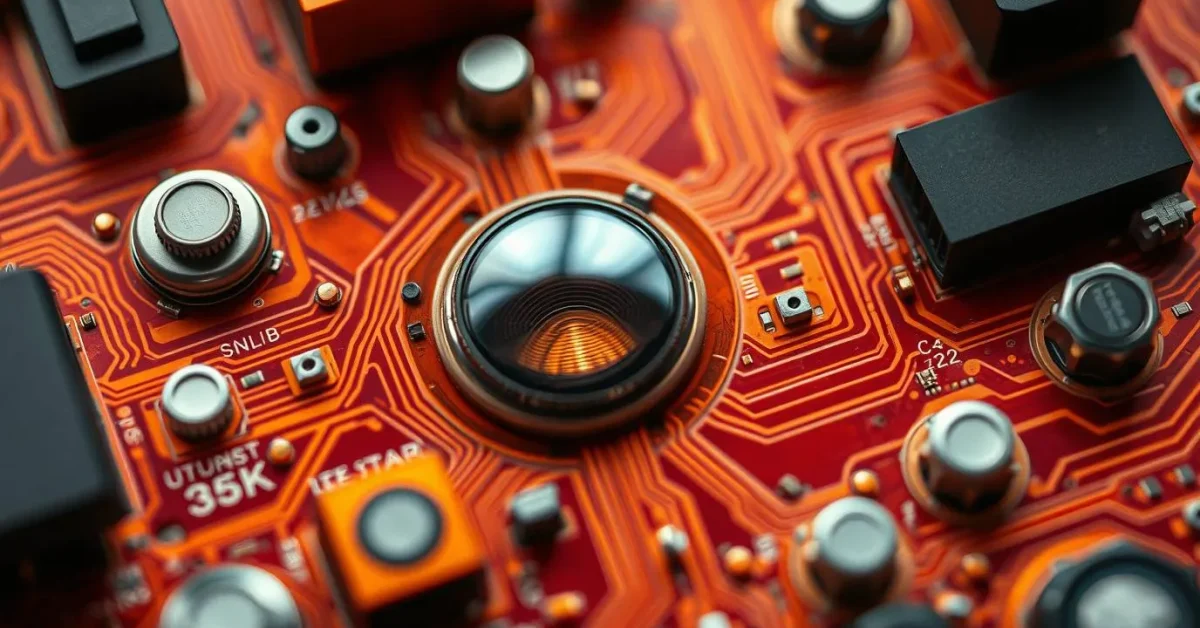Extreme macro photograph of warm autumn-colored technology, showcasing intricate details in earthy and cozy tones