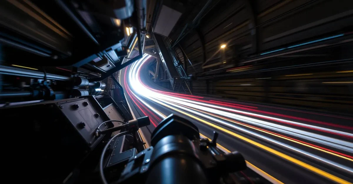 Long exposure photography high-angle perspective looking down on a technological subject, capturing motion or light trails from an elevated viewpoint