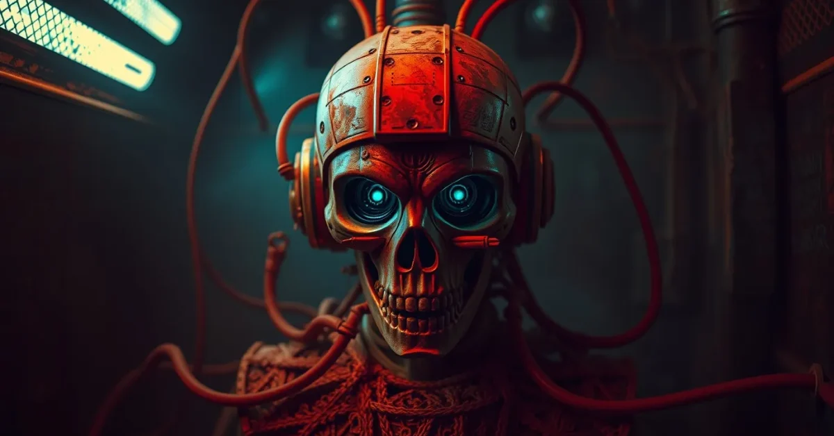 Warm terracotta and cool teal tones create an eerie, creepy atmosphere surrounding a technological subject, using dark tones and unsettling details to emphasize earthy and cool contrast
